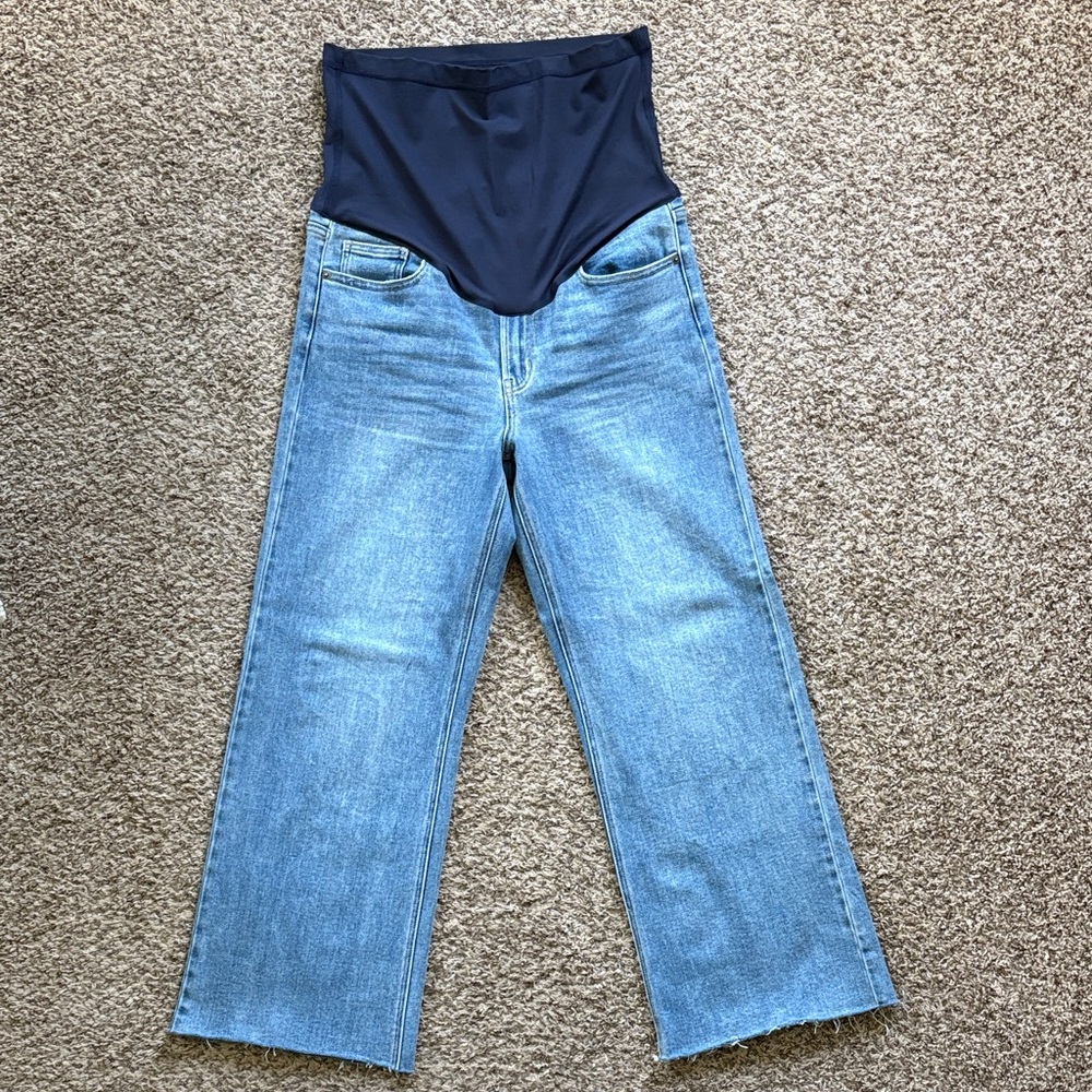 PINKBLUSH Maternity Jeans Blue Unfinished Hem Wide Leg Size 31 Petite Length
